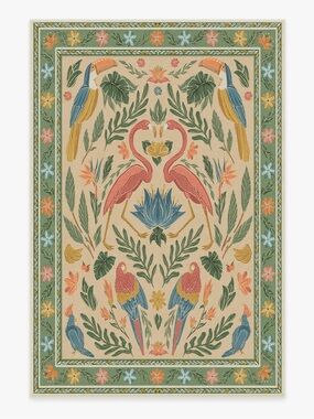 NEW! Ruggable Birds Of A Feather Green & Peach Flatwoven Rug
